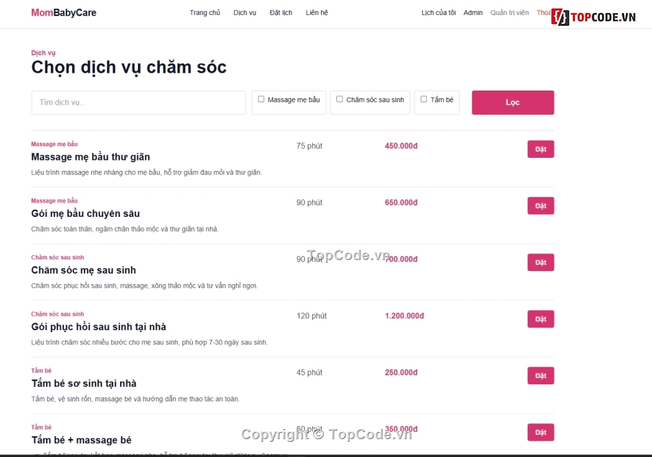 trung tâm,mẹ và bé,đặt lịch